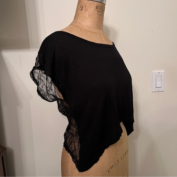 Black Emma & Sam Lace Panel Cropped Short Sleeve T-Shirt Top - Picture 3 of 7